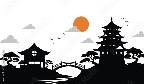 Black silhouette of Japanese pagoda and house with arched bridge and orange sun temple building