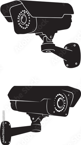 Security cameras with different mounting orientations in silhouette style