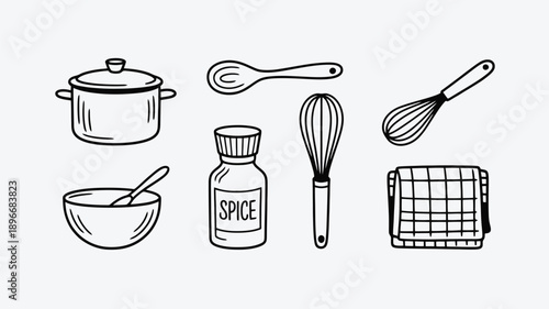 Cooking utensils and spice jar in a black outline silhouette