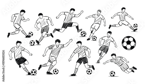 Black and white sketch of soccer players in various action poses with soccer balls football sport