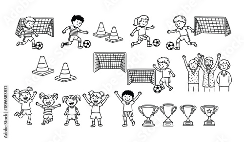 Children playing soccer with goals cones trophies and cheering adults in doodle style football kids