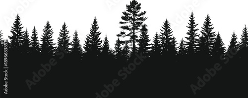 Black forest tree line silhouette pine and fir evergreen timberland nature landscape for minimalist cad drawing flat vector illustration design