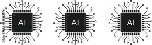 Artificial intelligence chip icon set with circuit board lines for high tech cad drawing flat vector illustration electronic processor hardware