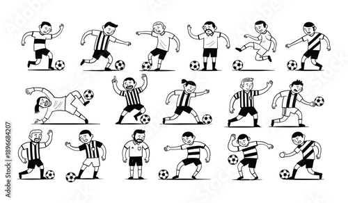 Collection of cartoon soccer players in various poses and actions with soccer balls football sport