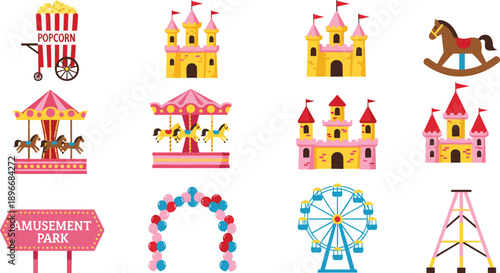 Amusement park icons, colorful carnival elements, Ferris wheel, popcorn cart, castle, carousel, swing ride, balloon arch, festive fun, entertainment
