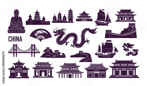 Collection of Chinese cultural icons including dragon temples boats and great wall china pagoda