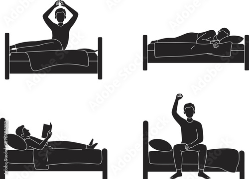 Black silhouette collection of a man in bed showing sleeping positions, waking up, stretching, and reading a book at night.
