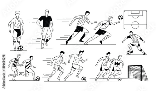 Collection of line art illustrations depicting soccer players in various actions on a white background