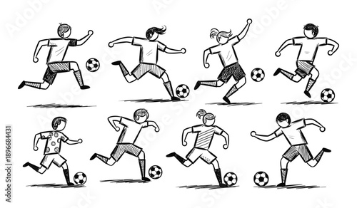 Eight cartoon soccer players kicking balls in a sketch style football sport