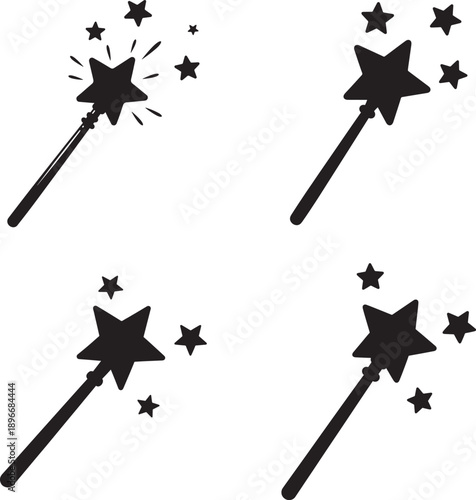 Four black solid silhouette magic wands with stars and sparkles 