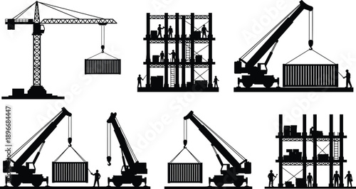 Construction site silhouettes, tower crane lifting, mobile crane operation, building under construction, workers on site, industrial development, urban infrastructure, engineering teamwork