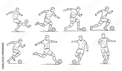 Eight line art illustrations of soccer players in various action poses kicking and dribbling a soccer ball