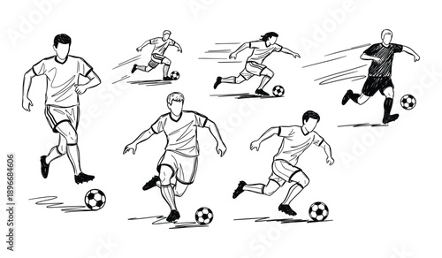 Hand drawn sketch of soccer players in action with footballs on white background sport game