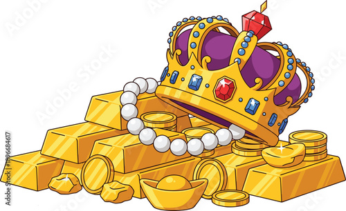 Golden crown with jewels on pile of gold bars and coins, pearl necklace and treasure wealth illustration isolated on white,
