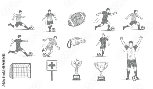 Hand drawn soccer players in action with trophies and goal net football sport