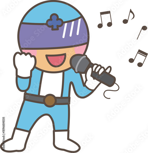 ヒーロー風コスチュームの人物がマイクを持って歌っているポーズ