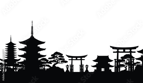 Silhouette of Japanese pagodas torii gates and trees against white background vector