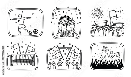 Six black and white line art illustrations depicting soccer scenes and fan celebrations football sport