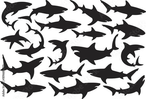 Shark silhouettes collection, swimming poses, black vector, marine predator, ocean wildlife, underwater motion, sea creature, aquatic design, animal icon