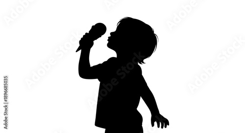 Vibrant silhouette of a young child passionately singing into a microphone, symbolizing youthful dreams, aspiring talent, and the pure joy of musical expression and performance