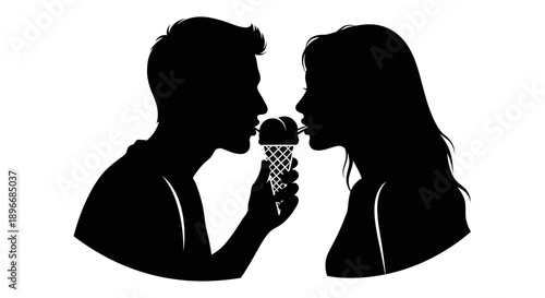 Couple sharing an ice cream cone silhouetted against a white background, representing romance and sweet moments