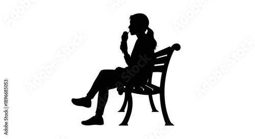 Minimalist vector silhouette of a woman seated on a classic park bench, embodying tranquility, solitude, and quiet contemplation during a leisure break