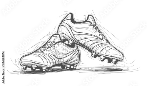 Sketch of two black soccer cleats with laces and studs on a white background shoes footwear