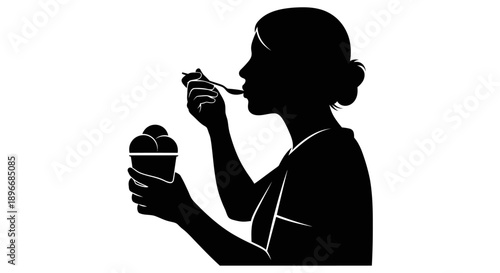Clean graphic silhouette of a woman enjoying a refreshing scoop of ice cream from a cup with a spoon, perfect for minimalist dessert, cafe, or summer treat-related designs and marketing