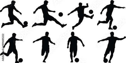 Soccer player silhouettes, kicking ball, running pose, athletic movement, black vector, sports action, football icon, dynamic posture, game illustration