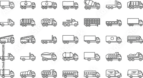 Truck icons, utility vehicle illustrations, commercial transport, construction trucks, emergency vehicles, delivery vans, black line art, industrial fleet