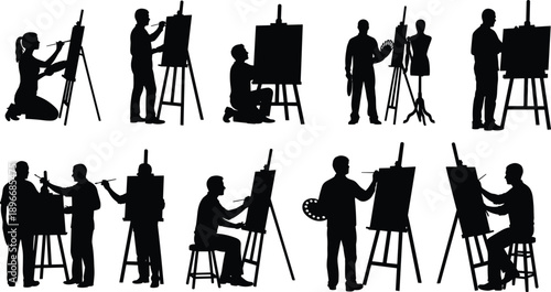 Artistic Silhouettes of Diverse Male and Female Painters Working on Canvas with Easels Brushes and Palettes in Creative Studio Workshop Environment on White Background