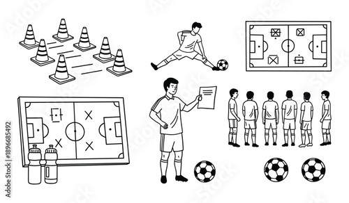 Soccer training elements including cones field diagrams coach with paper and players football