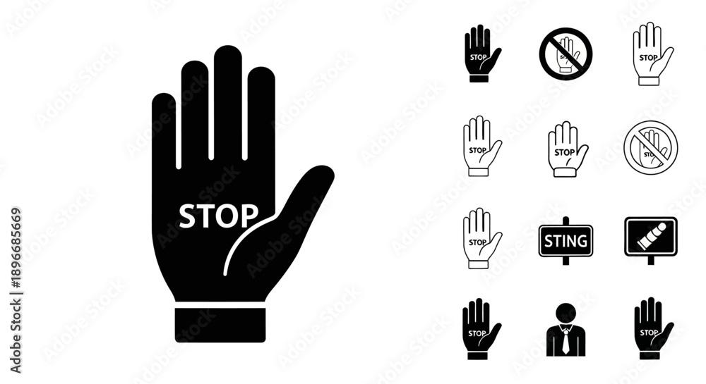 Obraz premium A graphic design of a stop bullying campaign with a bold black hand displaying 'STOP' and various anti-bullying icons on a clean white background, promoting kindness and respect.