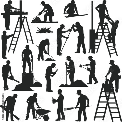 Construction worker silhouette set with builders using ladders tools wheelbarrows and heavy equipment for industrial site labor development engineering project icons on white