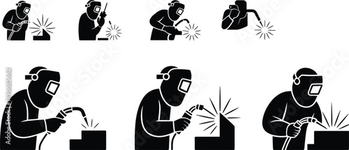Welder silhouette set with industrial worker wearing mask and sparks for metal fabrication manufacturing construction engineering manual labor isolated icons on white background