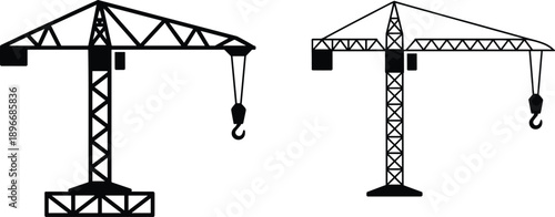 Black silhouette of tower cranes set, heavy machinery lifting equipment for construction site, industrial building machinery icons, engineering vector illustration for development projects