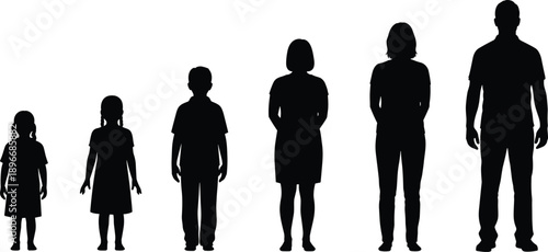 Black and white vector silhouette set showing human growth stages from young children to adults standing for family generation and aging process design