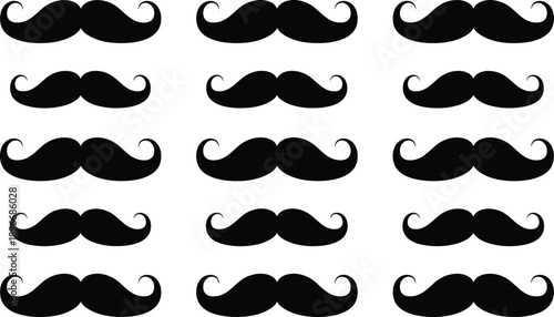 Black Handlebar Mustache Icons Set on White Background for Movember Awareness Campaign Barbershop Grooming Design Elements and Masculine Retro Fashion Silhouette Style Vector Illustration