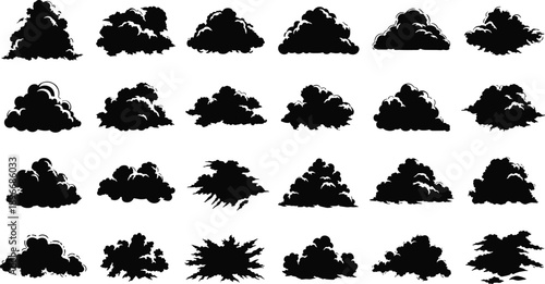 Black silhouette cloud collection set featuring various fluffy cumulus shapes and atmospheric weather symbols isolated on white background for vector graphic design projects and illustrations