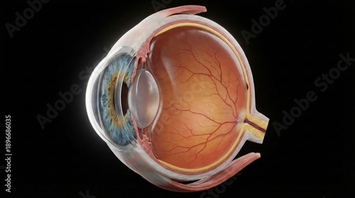 Detailed anatomical cross-section of the human eye showing internal structures.