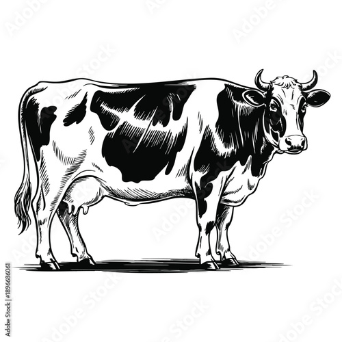 Graphic style cow vector illustration based on hand drawing image perfect as a template for farm product packaging signage and natural food store visual identity