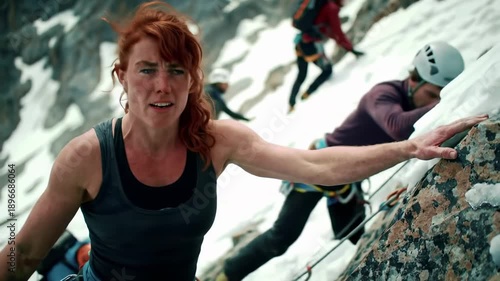 Redhead climber focuses, scaling snowy mountain terrain. Climbers in background, rock face in foreground