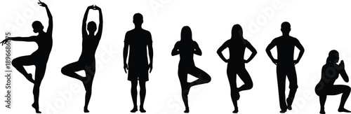 Black silhouette collection of diverse people practicing yoga poses, ballet dance moves, standing exercises and deep squats isolated on a clean white background
