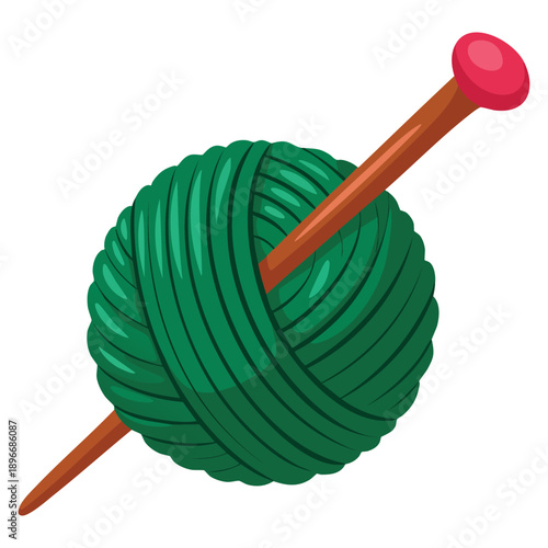 Green ball of wool yarn and knitting needle yarn vector icon suitable for craft knitting handmade textile hobby and creative design themes