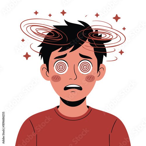 Guy suffering dizzy symptom flat design illustration on white background showing vertigo dizziness illness suitable for medical awareness and health education projects