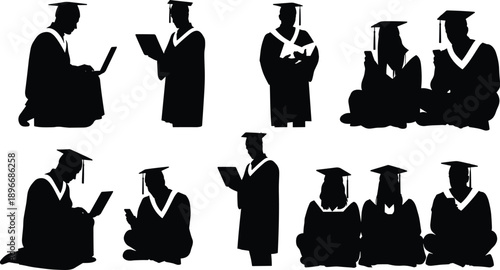 Black silhouette collection of university graduates in gowns and caps sitting and standing while using laptops tablets and smartphones for digital learning and remote work