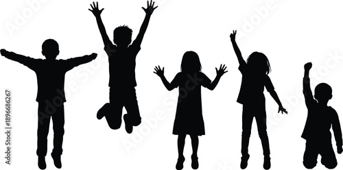 Black Silhouette of Diverse Happy Children Jumping and Cheering in Joyful Celebration Isolated on White Background for Youthful Success and Playful Childhood Concept