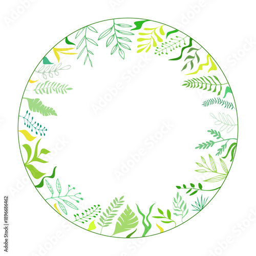 Circular frame of spring leaves, isolated on a white background, vector illustration