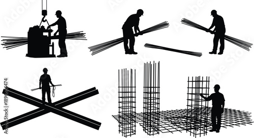 Black silhouettes of construction workers and ironworkers handling rebar reinforcement steel bars and metal beams for industrial building structure project on white background