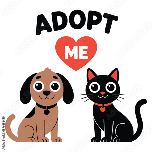 Adopt me dont buy dog cat pet adoption puppy pooch kitty cat looking up to red heart flat design helping homeless animal awareness concept